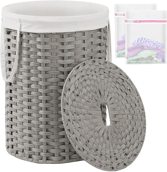 SETVSON Laundry Basket with Lid Round Rattan Laundry Hamper with Lid and Handles 29.1 Gal (110 L) Handwoven Woven Basket with Removable Bags and 2 Mesh Bags for Bathroom Living Room Gray by SETVSON