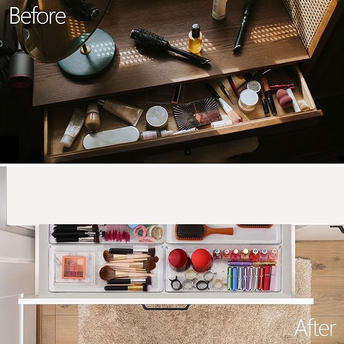 Ohlove 6 Pcs Large Clear Plastic Drawer Organizers Tray 15" x 6.3" Storage Bins with 25 Pcs Non-Slip Pads for Makeup, Jewelries, Kitchen Utensils, Bathroom and Office - Image 2