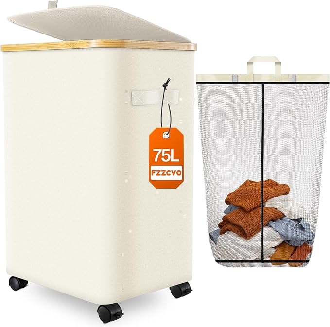 Laundry Hamper with Wheels, 75L Large Clothes Hamper with Removable Inner Bag, Collapsible Dirty Clothes Basket for Dorm, Rolling Dirty Clothes Basket for, Bedroom, Bathroom, Laundry Room by Fzzcvo