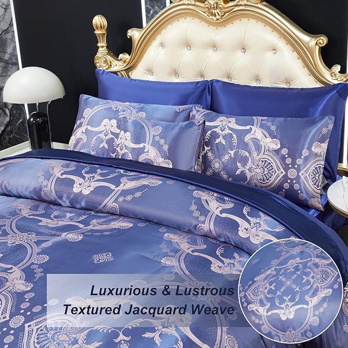 Bedding_Dreamer Blue Comforter Set Satin Sheet Set Jacquard King Bedding Set 8 Pcs Vintage Neoclassical Floral Bed Home Decor Soft Comforter Luxury Hotel Silky Bed in a Bag with 1 Cushion Cover