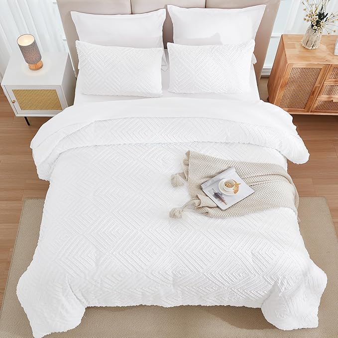 Andency White Comforter Full Size Set with Sheets - 7 Pieces Boho Bed in a Bag Tufted Bedding Sets Fluffy Lightweight Full Bed Set with Comforter, Sheets, Pillowcases & Shams for All Season
