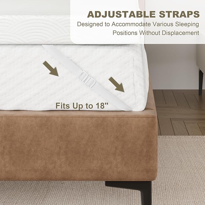 Zenzy 4" Queen Bamboo Mattress Topper Cover, Oeko-TEX Certified, Ultra-Soft Zippered Topper Protector with Adjustable Straps, Washable (Cover Only)