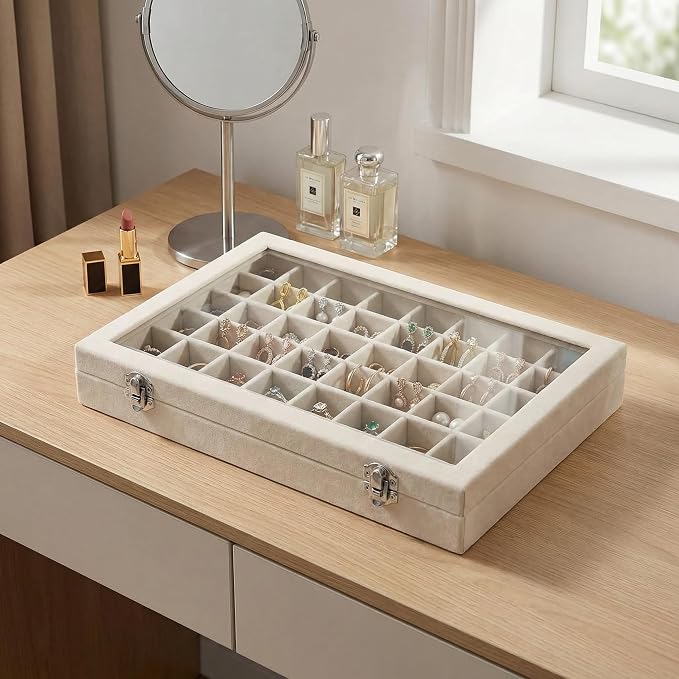 Velvet Jewelry Tray 48 Compartments Jewelry Box Display Organizer with Transparent Cover Earrings, Rings,Necklaces, Pendants Storage Box for Girls, Women,Wife, Mother(Beige) - Image 6