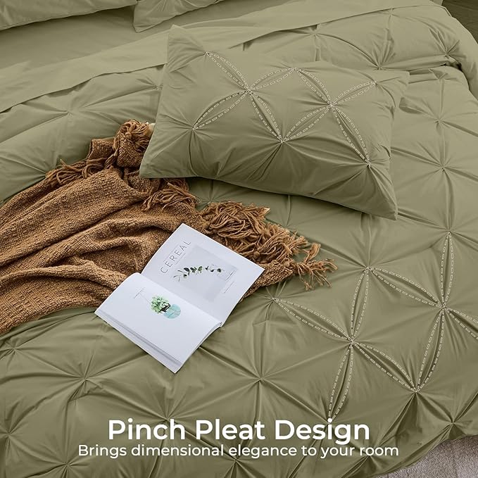 Sasttie Twin XL Comforter Set, 5-Piece Bed in a Bag, Pintuck Bedding Sets for All Season, Includes Comforter, Flat Sheet, Fitted Sheet, Pillowcase and Pillowsham, Olive Green