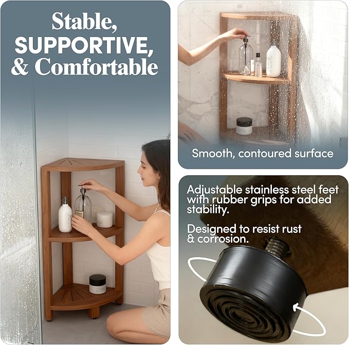 AquaTeak 12" Kai-Petite Teak Corner Shelf Stand - Shower Stand with 3 Tier Shelf for Bathroom - Durable Water Resistant Shower Organizer - Space-Saving Storage Shelves with Anti-Slip Feet - Image 6