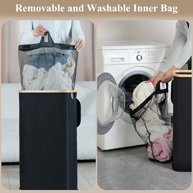 iEGrow Laundry Hamper with Lid, 110L Large Laundry Basket with Handle, Collapsible Clothes Basket Organizer with Removable 2 Inner Bag for Clothes Toys Towels - Black - Image 2