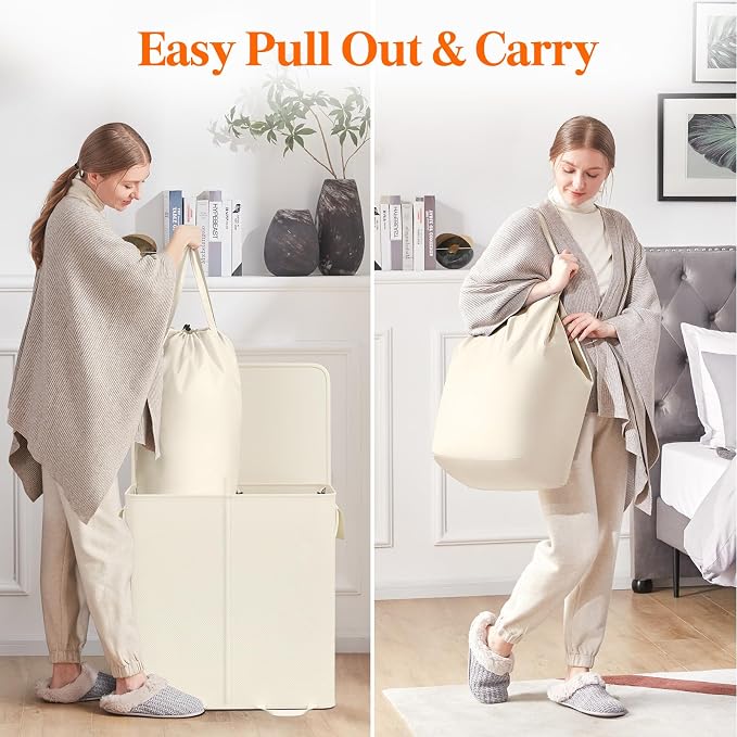 Lifewit Double Laundry Hamper with Lid and Removable Laundry Bags, Large Collapsible 2 Dividers Dirty Clothes Basket with Handles for Bedroom Laundry Room Closet Bathroom College, 136L Ivory White - Image 4