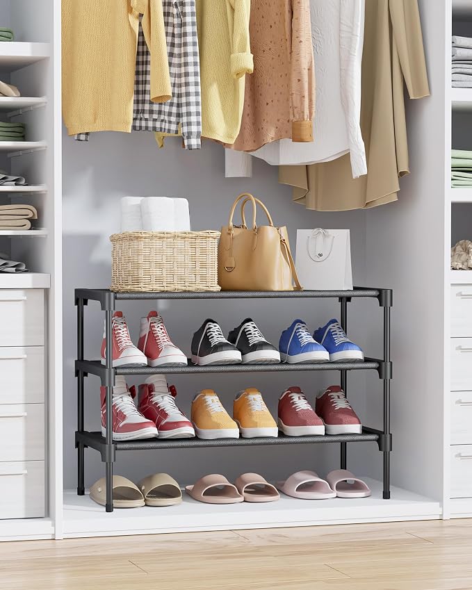 Kitsure Shoe Rack - Non-Woven Shoe Rack Shelf, Shoe Organizer for Closet, Entryway, Garage & Corridor, Stackable Shoe Shelves, 27.5" Wide - 3 Tier, Black - Image 4