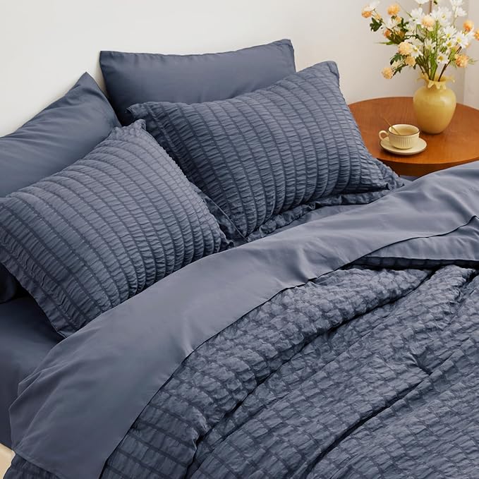 Love's cabin Seersucker Navy Blue Twin XL Comforter Set, 5-Piece All Season Lightweight Bed in a Bag Bedding Set with Comforter, Flat Sheet, Fitted Sheet, Pillowcase and Sham | Soft, Breathable, Lightweight