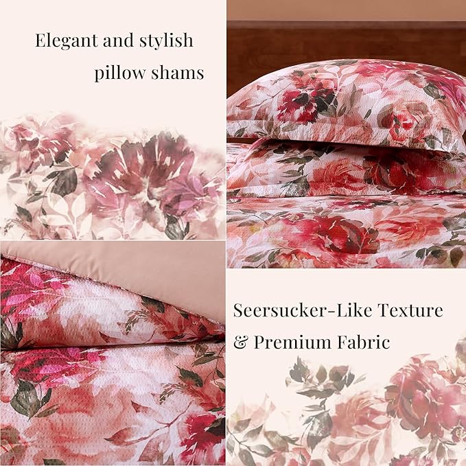 CASAAGUSTO Full Comforter Set, 7 PCS Red Rose Floral Comforter Set with Flowers Leaves Pattern, Soft Seersucker Design All Season Full Size Bedding Set(80"X90")