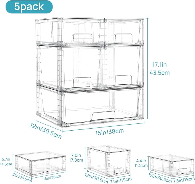 Vtopmart Clear Stackable Storage Drawers Set of 5, Easily Assemble Acrylic Bathroom Undersink Organizers,Plastic Storage Bins for Closet,Cabinet,Pantry,Medicine Organization - Image 3