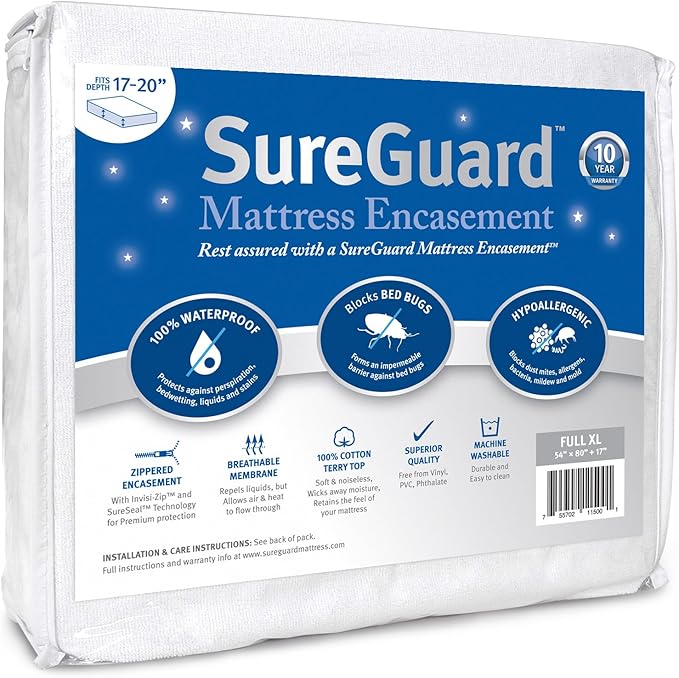 Full XL (17-20 in. Deep) SureGuard Mattress Encasement - 100% Waterproof, Bed Bug Proof, Hypoallergenic - Premium Zippered Six-Sided Cover