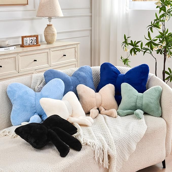 XVTRU Beige Bow Pillow, Soft Bow Decorative Pillows with Faux Rabbit Fur, Cute 16" Bow Throw Pillows, Aesthetic Home Decor Bow Shaped Plush Pillow for Bedroom Sofa Couch