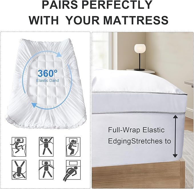 3 Inch Mattress Topper Full Size Breathable Filled Soft Fluffy Supportive for Back Pain Relief, Bed Mattress Pad Pillow Topper with Extra Thick Padded Protector for 8"-21" Deep Pocket
