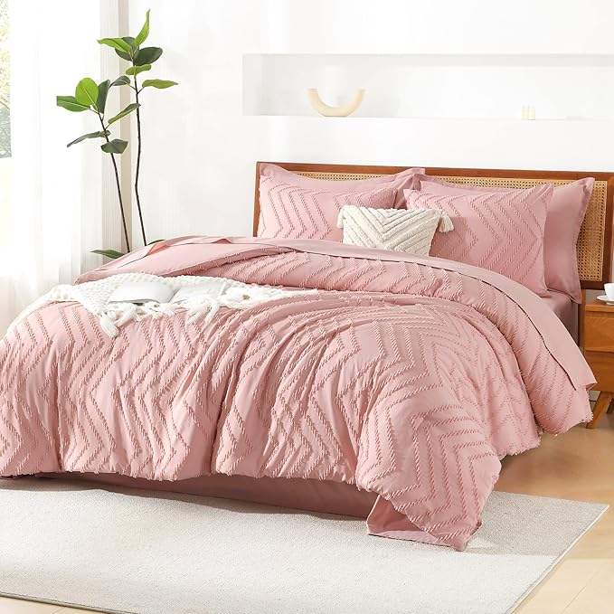 Litanika Blush Pink Queen Size Comforter Set with Sheets - 7 Pieces Bed in a Bag Queen Boho Tufted Complete Bedding Sets with Comforter, Sheets, Pillowcases & Shams