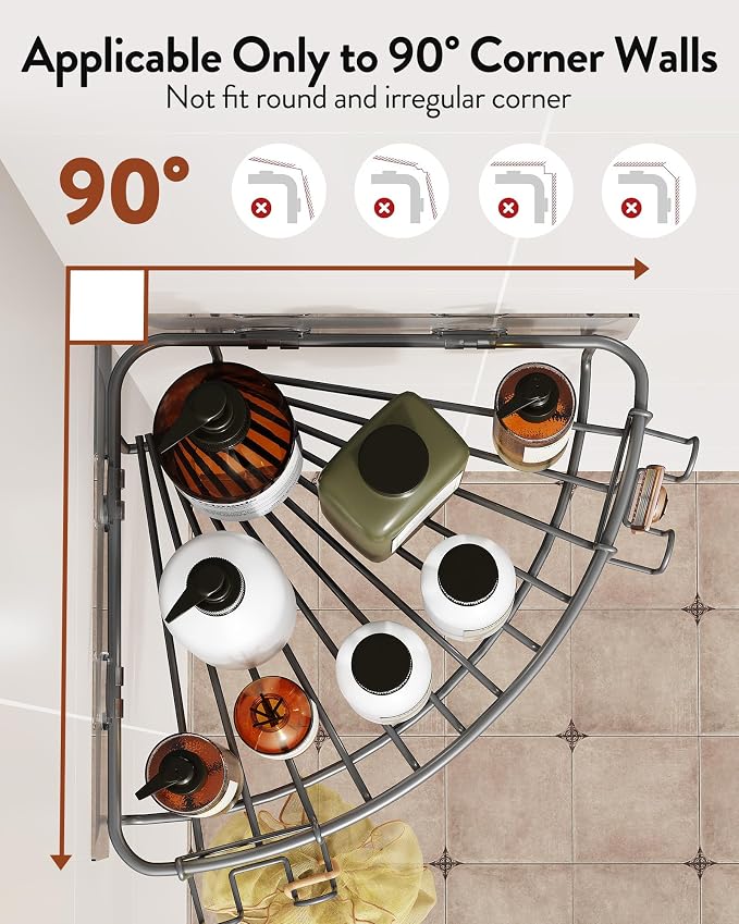 Orimade Corner Shower Caddy with 2 Hooks Wall Mounted Metal Bathroom Shelf Storage Organizer Adhesive No Drilling 2 Pack, Grey Only for 90-Degree Corner - Image 2