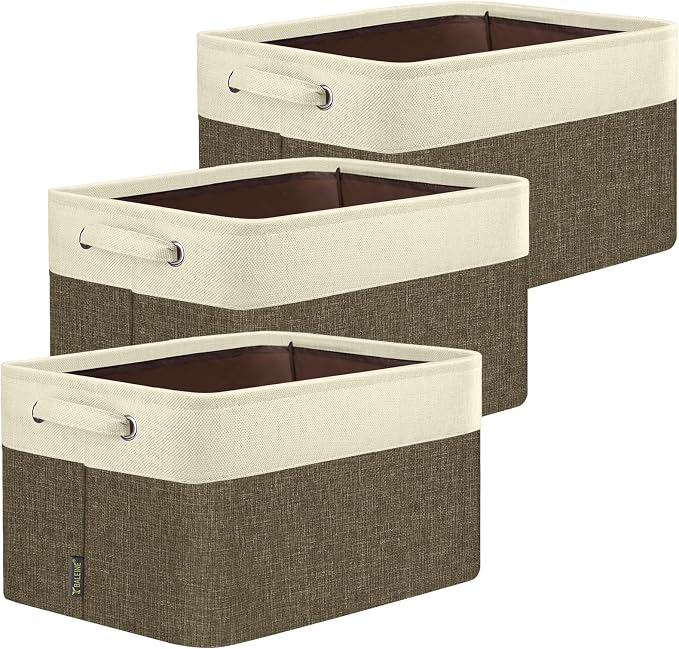 BALEINE 3 Pack Fabric Closet Storage Bins for Shelves, Linen Closet Organizers and Storage, Decorative Baskets for Organizing, Shelf, Clothes, Home, Office (Brown, 12"x8"x8") by BALEINE