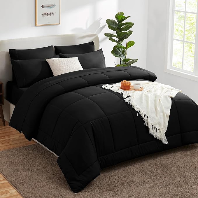 CozyLux Oversized Queen Comforter Sets Black, 7 Pieces Bed in a Bag, Ultra-Soft All Season Bedding Sets with Stitch Quilted Comforter, Flat Sheet, Fitted Sheet, Pillowcases