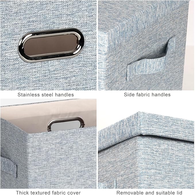 Graciadeco Large 17" 36 Quart Collapsible Stackable Storage Bins with Lids, 3 Packs Blue-Grey Linen Fabric Closet Boxes with Lids, Storage Cube Baskets Container Organizers for Bedroom (17x12x11) - Image 7