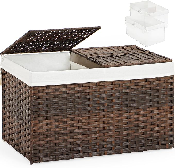 SETVSON Storage Basket with Lid Rattan Storage Basket with 2 Separate Lid, 27.8 Gallon (105 L) 25.2 * 15.4 * 16.1 Inches Woven Wicker Baskets with 2 Liners and Handles for Bedroom Laundry-Brown by SETVSON