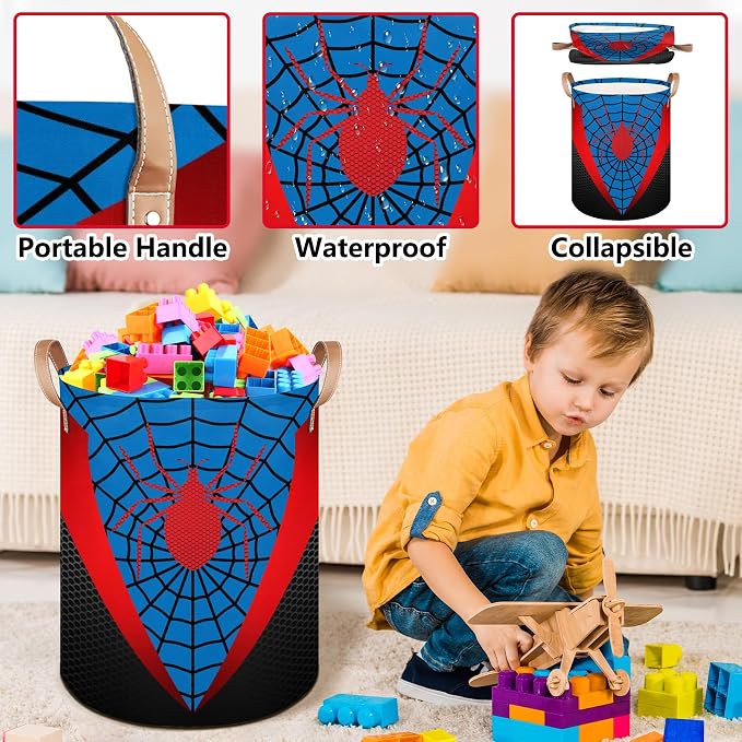 Blue Spider Web Large Laundry Hamper Basket, Round Collapsible Storage Organizer Bin for Kids, Boys, Nursery, Closet, Bedroom, Playroom, Toys, Dirty Clothes, 16"W x 20"H - Image 4