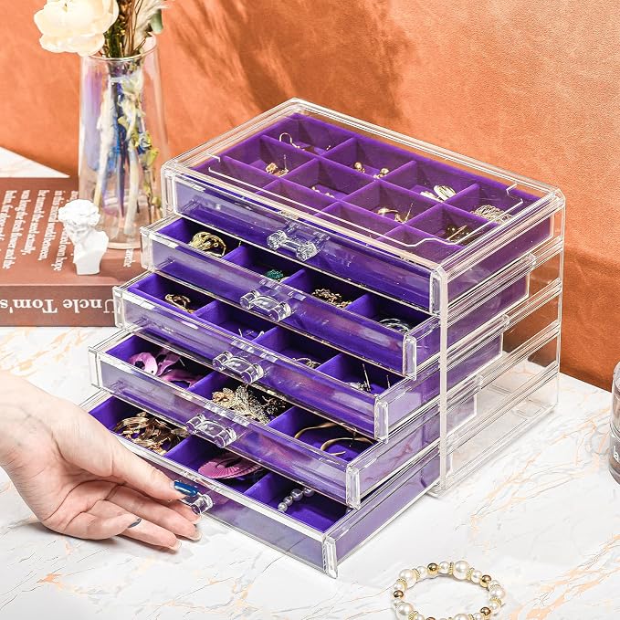 ProCase Earring Holder Organizer Jewelry Box with 5 Drawers, Acrylic Clear Earring Case with Adjustable Velvet Trays for Women - Purple, 5 Layers - Image 3
