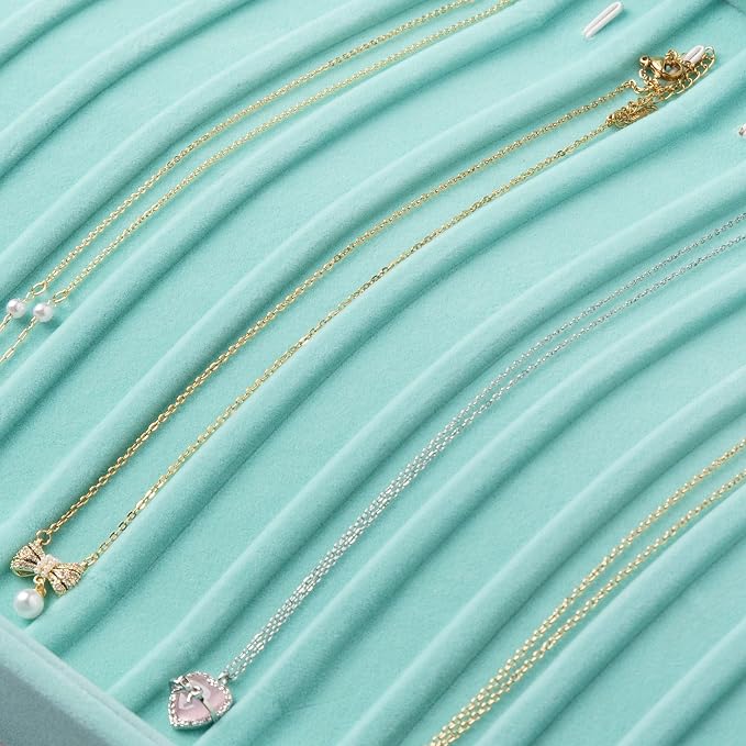 Frebeauty 15 Hooks Necklace Tray Velvet Neckalce Organizer with Clear Lid Lockable Necklace Holder Box Jewelry Organizer for Pendants Chains Necklace Jeweley Tray for Women Girls(Turquoise) - Image 6