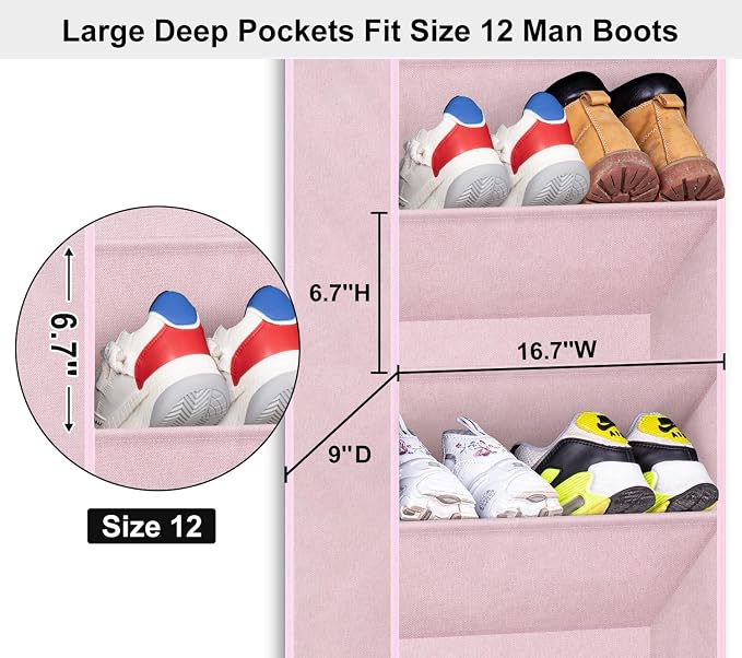 SLEEPING LAMB Over The Door Shoe Organizer for Closet, Kids Sneaker Storage for Hanging Shoe Rack for Door with Large Deep Pockets for Toddler, Girl, Baby Room Decor, Pink - Image 3