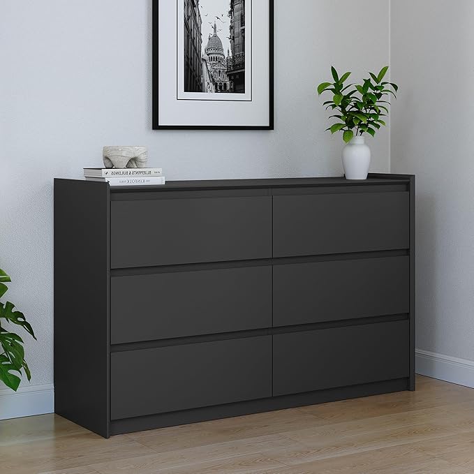 47" Black Dresser for Bedroom, Modern Long Wooden 6 Drawer Dresser, Sturdy Wood Chest of Drawers with Anti-Tip Kit, Handle-Free Horizontal Cabinet for Master Room, Matte Black