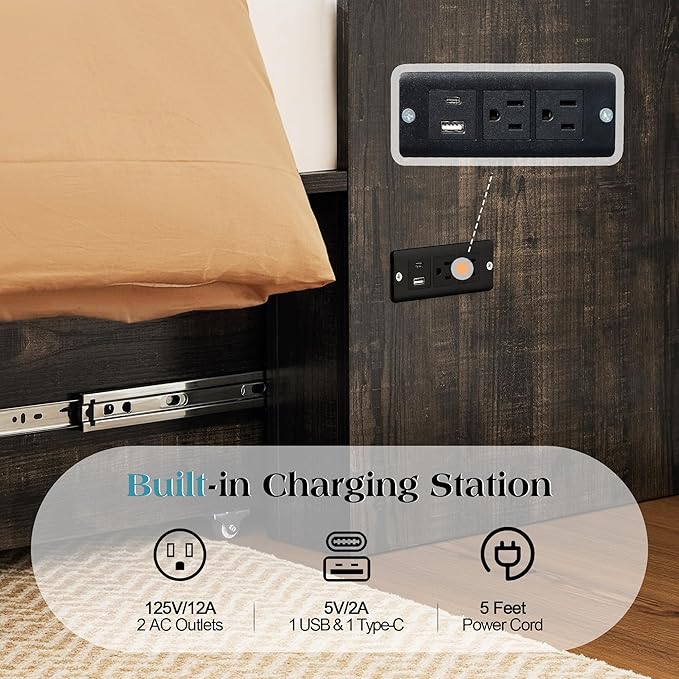 LUXOAK Full Murphy Bed with Storage and Charging Station, Farmhouse Cabinet Bed, Noise-Free, for Guest Room, Apartment, or Office, Black Oak