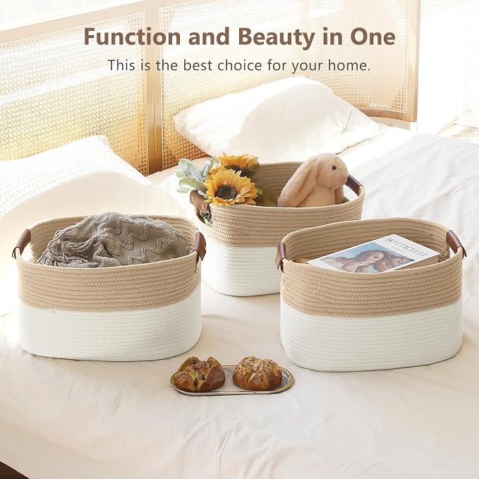 ECDYQXVU Cotton Rope Storage Baskets,15x10x9 in,Foldable Storage Bins, Decorative Woven Basket Cube Storage Organizer for Laundry, Towel, Clothes (White/Beige-3Pack, 15x10x9 inches) - Image 6