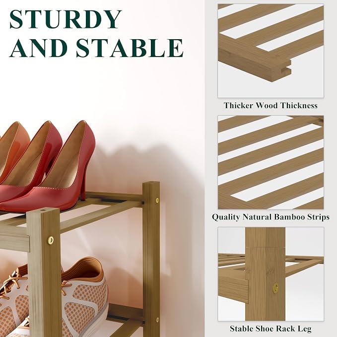 Smiry Bamboo Shoe Rack for Closet, 4 Tier Wooden Stackable Shoe Organizer, Free Standing Shoes Storage Shelf for Entryway, Front Door Entrance, Walnut - Image 3