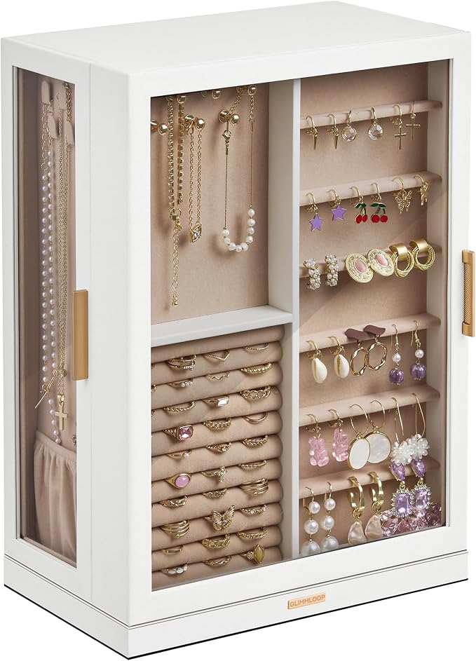 Glimmloop 360° Rotating Jewelry Box with 9 Drawers, Spacious Vertical Jewelry Organizer with Glass Window, Jewelry Storage Case, Dustproof & Moisture-resistant Design, White by Glimmloop