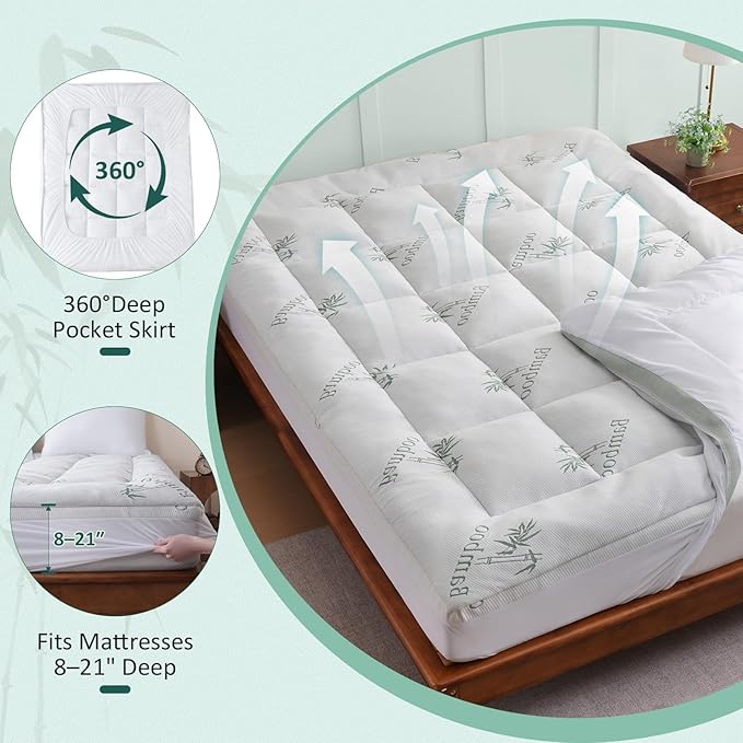 DOWNCOOL Memory Foam Mattress Topper Twin, Cooling Pillow Top Mattress Pad with Viscose Derived from Bamboo, Back Pain Relief, Deep Pocket Fits 8–21 Inch