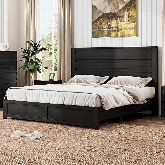LUXOAK 3 Pcs Bedroom Furniture Sets - Includes Farmhouse Queen Size Bed Frame with 49" Tall Headboard and Nightstand Sets of 2 with Charging Station, Slated Handles & Stainless Steel Feet, Black