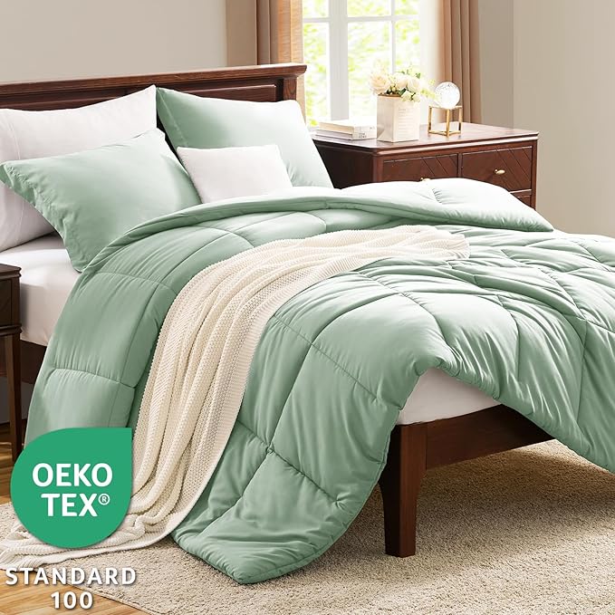 CozyLux Queen Comforter Set - Sage Green Comforter Queen Size, 3 Pieces Box Stitched Bed Set for All Seasons, Soft Lightweight Bedding Sets with 1 Down Alternative Comforter and 2 Pillow Shams
