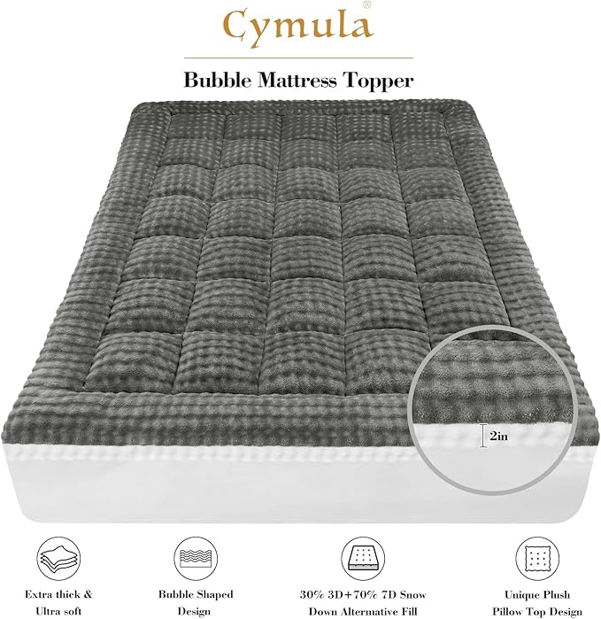 Cymula Full Size Mattress Topper for Winter Fleece Bubble Pillow Top Mattress Pad with 8-21 Inch Elasticated Deep Pockets, Plush Down Alternative Fill Warm Fuzzy Mattress Protector, Grey