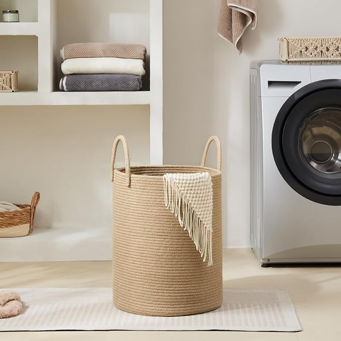 YOUDENOVA Cotton Laundry Hamper, 58L - Woven Collapsible Storage Basket - Jute Brown - Image 5