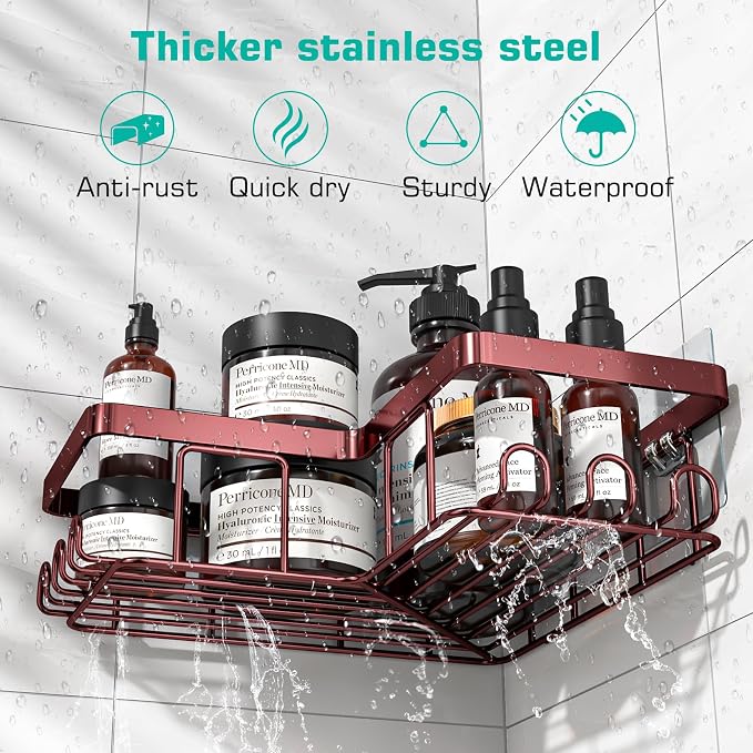 YASONIC Corner Shower Caddy, 3-Pack Adhesive Shower Caddy with Soap Holder and 12 Hooks, Rustproof Stainless Steel, No Drilling Wall Mounted Rack Organizer, for Bathroom, Bronze - Image 3