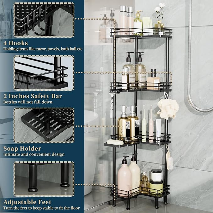 Consumest Corner Shower Caddy Standing - 4-Tier Stainless Steel Shower Organizer with Soap Holder and 4 Hooks, Large Capacity Corner Shelf Stand for Bathroom, Rest Room, Black - Image 3