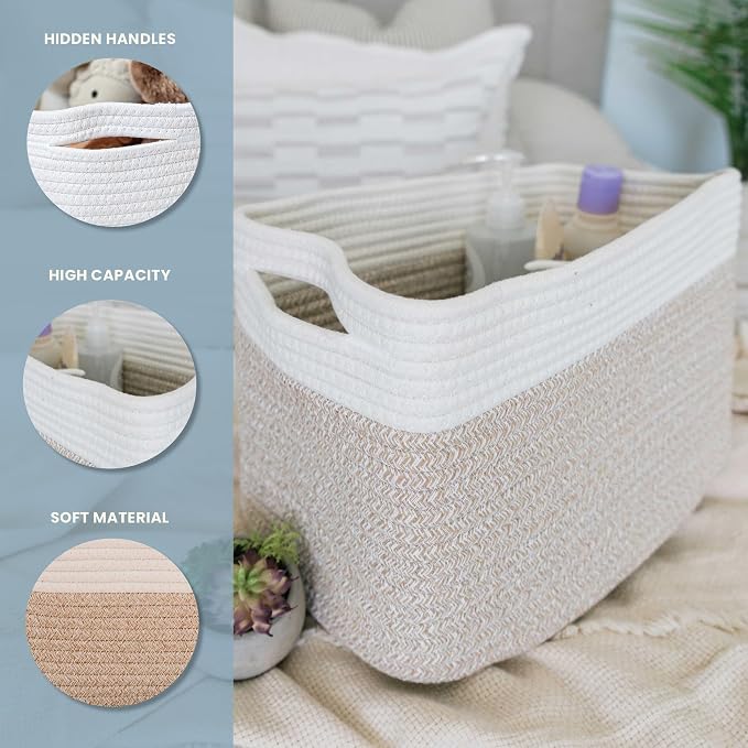 OrganiHaus Cotton Rope Basket for Shelf - Woven Storage Basket for Organizing, Closet & Toy Storage - Light Honey/Off-White - 15x9x10 - Image 3