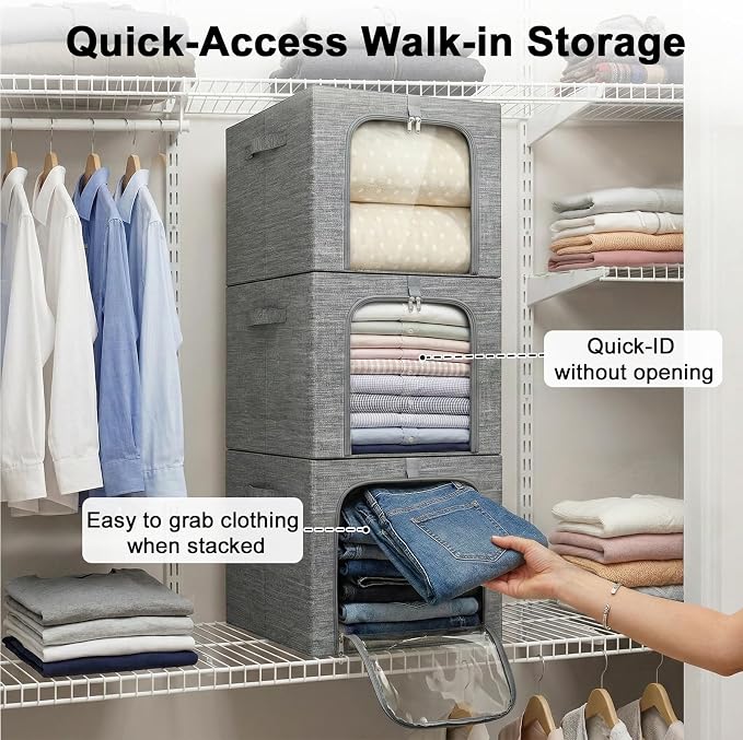GoMaihe Clothes Storage Bin with Metal Frame: 6-Pack Stackable Closet Storage Bin with Lid & Clear Window, Sweater Boxes Storage for Closet Bedding Clothing Storage Organizer 40L - Image 5