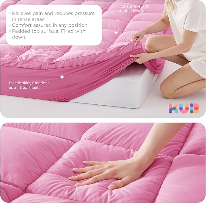KUB Twin Cotton Mattress Topper, Breathable Pillow Top with 8-21 Inch Deep Pocket, 3D Snow Down Alternative Fill, Fluffy College Dorm Mattress Pad Cover (Pink, 39 * 75inch)