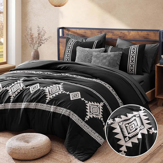 MaiRêve Embroidery Comforter Set, Boho Farmhouse Western Bedding Set, All Season Bed in A Bag Comforter Set with Sheets, Pillowcases & Shams, Black King 7 Pieces