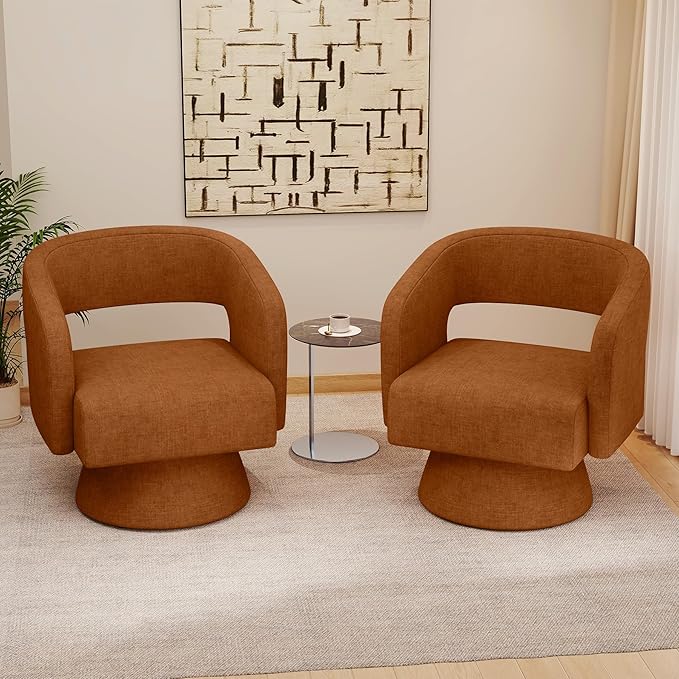 Nebuaegis Swivel Accent Chair Set of 4, Modern Comfy Chenille Barrel Chairs, Oversized Upholstered Round Arm Chair for Living Room, Bedroom, Reading Room, Caramel