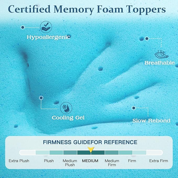 Airensky Queen Mattress Topper, Cooling Gel Infused Memory Foam Topper with Removable Skin-Friendly Cover, Bed Topper for Pressure Relief Back Pain, CertiPUR-US Certified, 2 Inch, 60"x80"