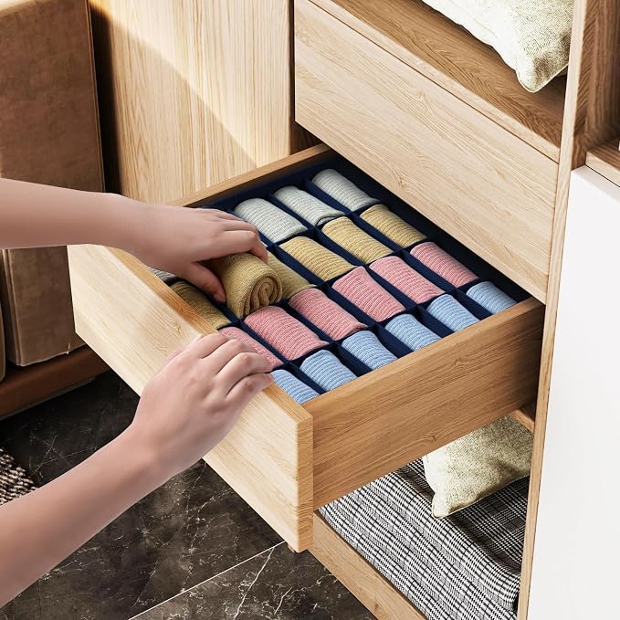 Joyoldelf Drawer Organizer - 2 Pack Underwear Holder, 24 Cells Collapsible Closet Organizer and Storage for Belts, Ties (Navy Blue) - Image 5