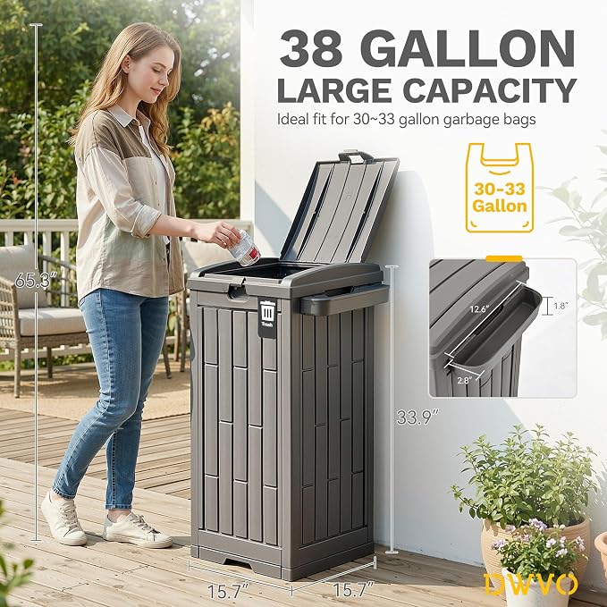 DWVO 38 Gallon Outdoor Trash Can, Resin Garbage Bin with Lid, Includes 2 Sorting Labels, Ash Holder, Stakes & Suction Cups, Hideaway Storage for Patio Backyard Garden, Light Brown - Image 7