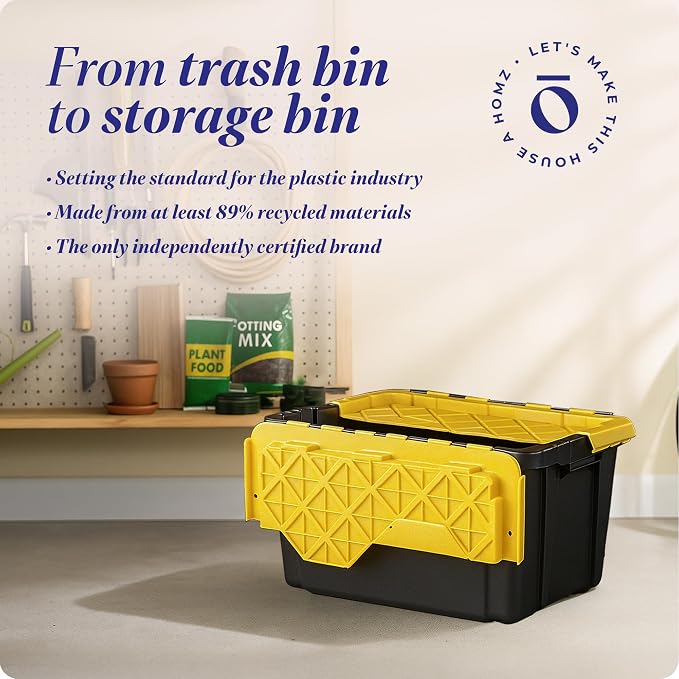 HOMZ 6-Pack Durabilt Tote, Heavy Duty Plastic Storage Bins with Lids, 15 Gallon, Black/Yellow - Stackable Organizing Containers for Home, Garage, and Office - Image 7