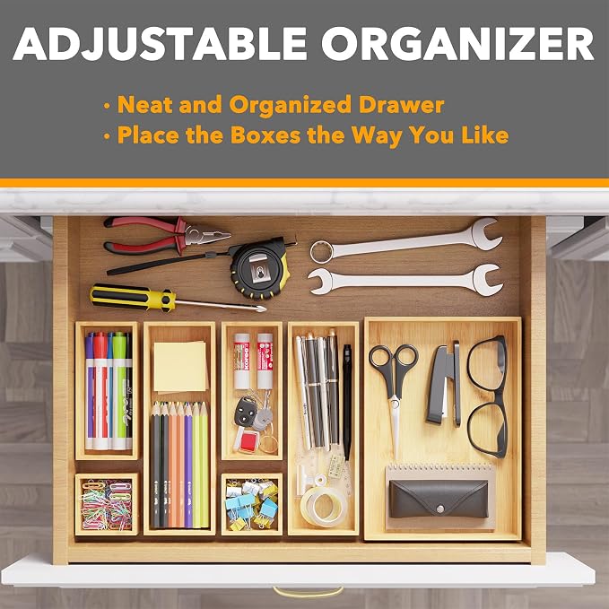 SpaceAid 7-Piece Bamboo Drawer Organizer Storage Boxes Set, Wood Tray Junk Drawer Organizers Multi-Use Divider Bins for Kitchen, Bathroom, Office Desk and Makeup Organization (7 Pack, Natural) - Image 5